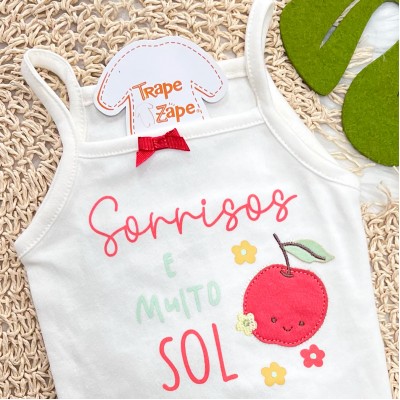 Kit 3 Peças - Bodys Regata Sorrisos e Muito Sol - Off White e Cereja